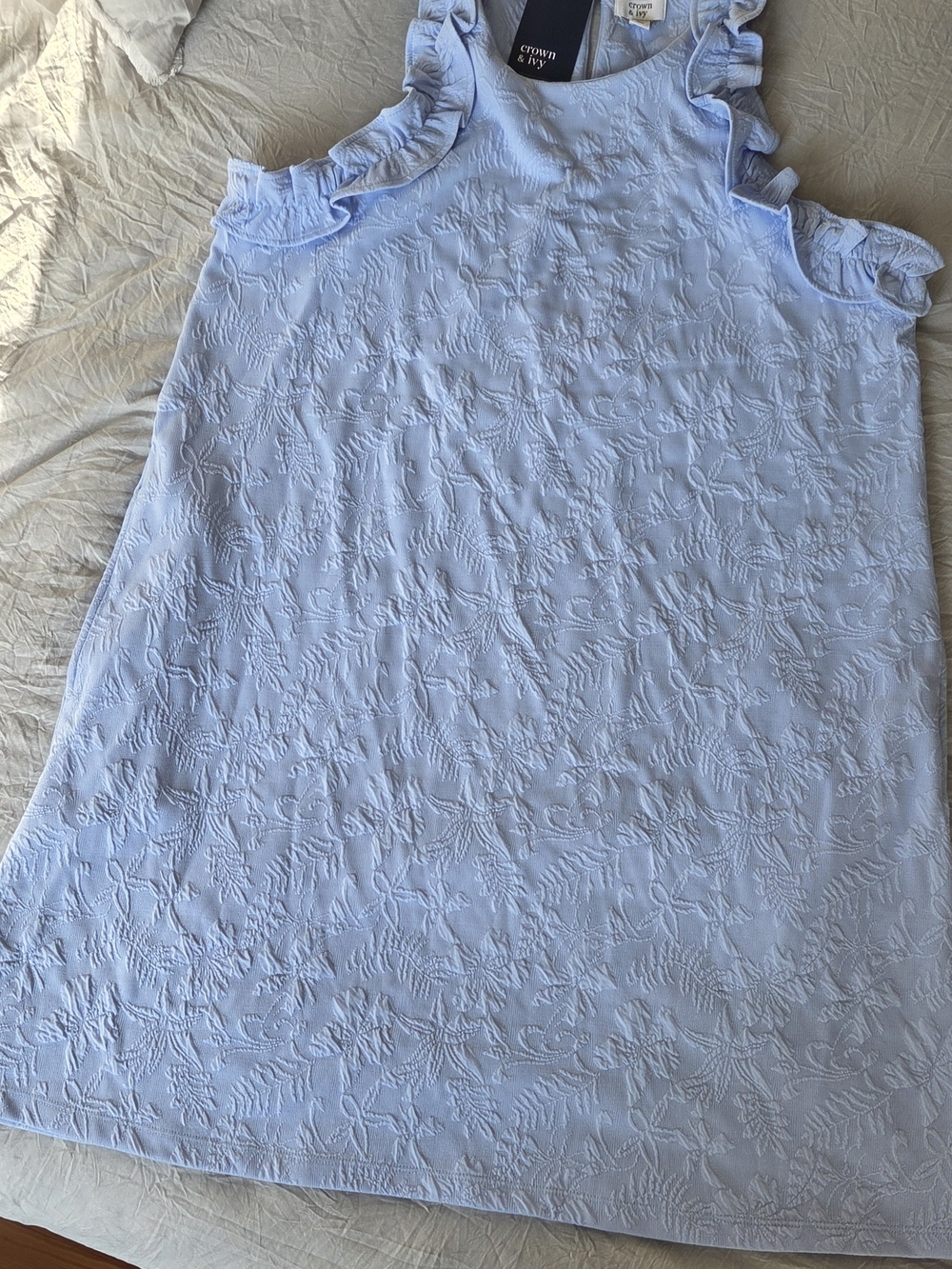 Crown & Ivy Light Blue Ruffle Shoulder Embroidered Dress
